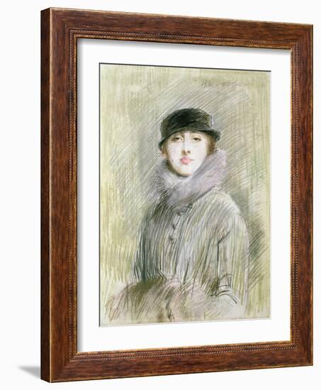 Portrait of a Lady with a Fur Collar and Muff, 20th Century (Drawing)-Paul Cesar Helleu-Framed Giclee Print