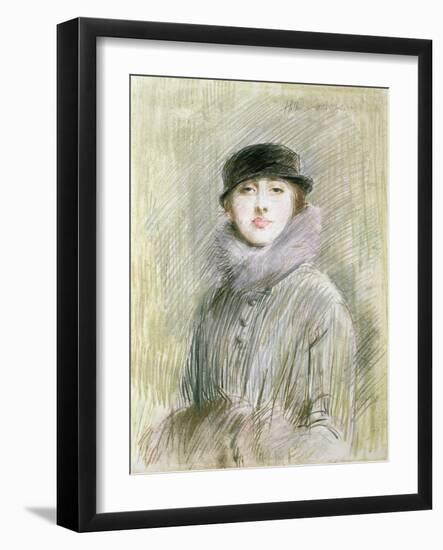 Portrait of a Lady with a Fur Collar and Muff, 20th Century (Drawing)-Paul Cesar Helleu-Framed Giclee Print