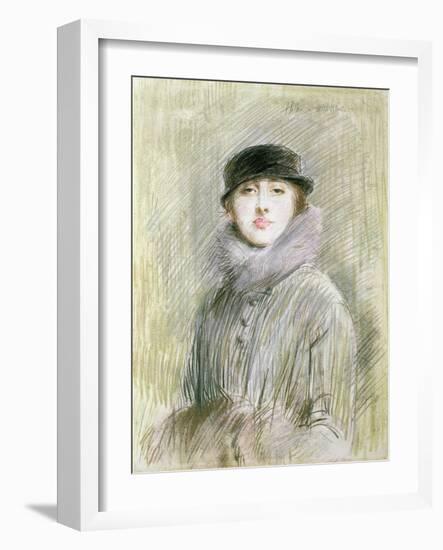 Portrait of a Lady with a Fur Collar and Muff, 20th Century (Drawing)-Paul Cesar Helleu-Framed Giclee Print