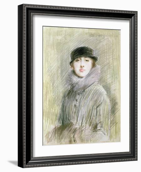 Portrait of a Lady with a Fur Collar and Muff, 20th Century (Drawing)-Paul Cesar Helleu-Framed Giclee Print