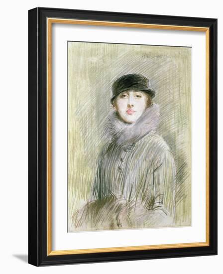 Portrait of a Lady with a Fur Collar and Muff, 20th Century (Drawing)-Paul Cesar Helleu-Framed Giclee Print