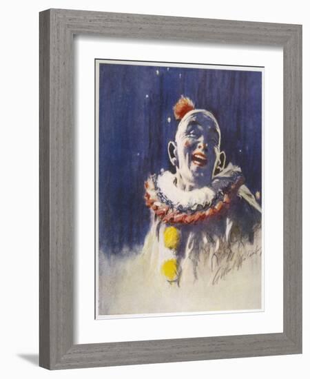 Portrait of a Laughing Clown in His Full Costume at Bertram Mills Circus-Gilbert Holiday-Framed Art Print