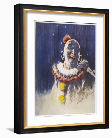 Portrait of a Laughing Clown in His Full Costume at Bertram Mills Circus-Gilbert Holiday-Framed Art Print