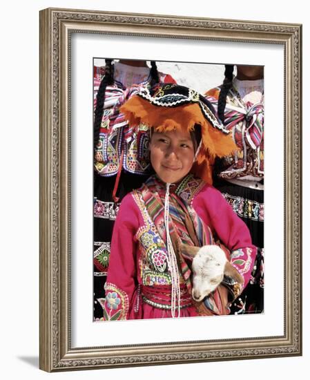 Portrait of a Local Smiling Peruvian Girl in Traditional Dress, Holding a Young Animal, Cuzco, Peru-Gavin Hellier-Framed Photographic Print