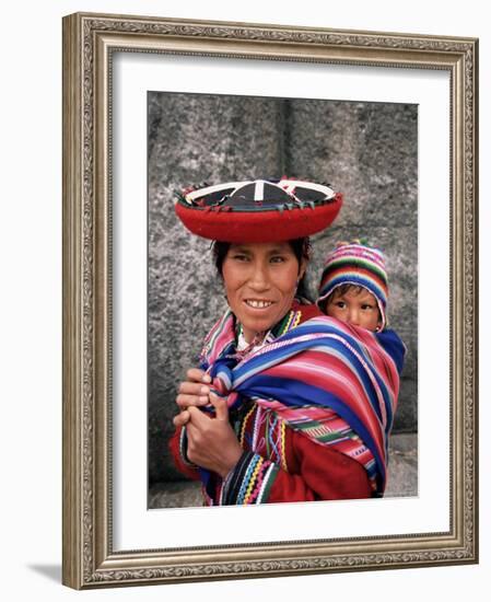 Portrait of a Local Woman in Traditional Dress, Carrying Her Baby on Her Back, Near Cuzco, Peru-Gavin Hellier-Framed Photographic Print