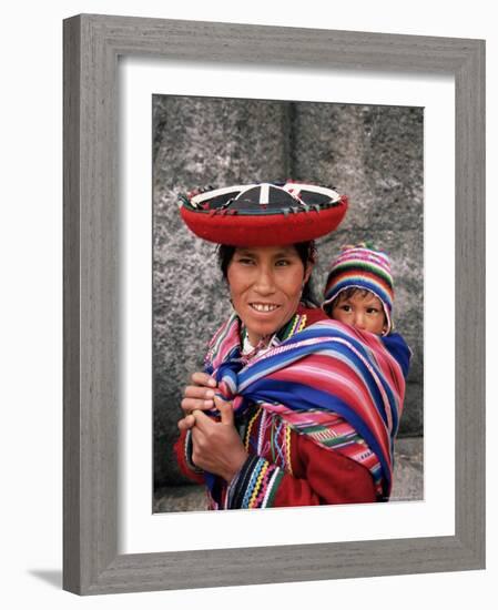 Portrait of a Local Woman in Traditional Dress, Carrying Her Baby on Her Back, Near Cuzco, Peru-Gavin Hellier-Framed Photographic Print