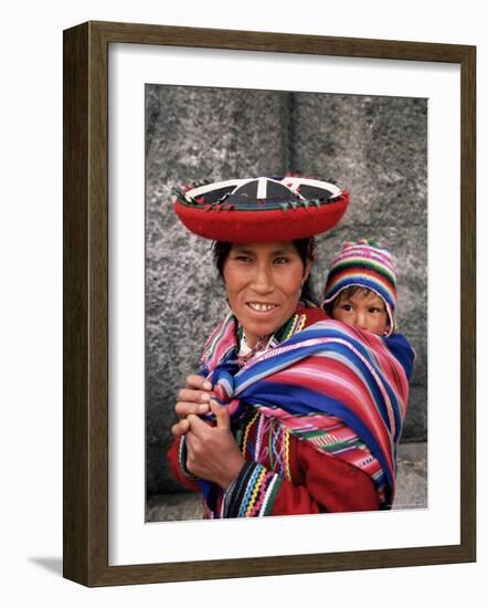 Portrait of a Local Woman in Traditional Dress, Carrying Her Baby on Her Back, Near Cuzco, Peru-Gavin Hellier-Framed Photographic Print