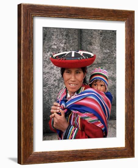 Portrait of a Local Woman in Traditional Dress, Carrying Her Baby on Her Back, Near Cuzco, Peru-Gavin Hellier-Framed Photographic Print