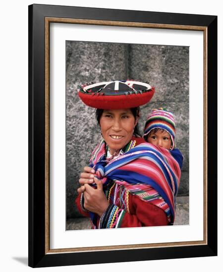 Portrait of a Local Woman in Traditional Dress, Carrying Her Baby on Her Back, Near Cuzco, Peru-Gavin Hellier-Framed Photographic Print