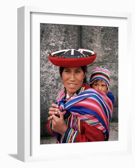 Portrait of a Local Woman in Traditional Dress, Carrying Her Baby on Her Back, Near Cuzco, Peru-Gavin Hellier-Framed Photographic Print