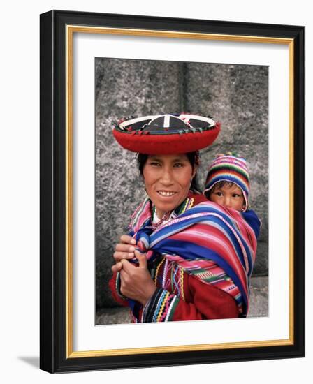 Portrait of a Local Woman in Traditional Dress, Carrying Her Baby on Her Back, Near Cuzco, Peru-Gavin Hellier-Framed Photographic Print