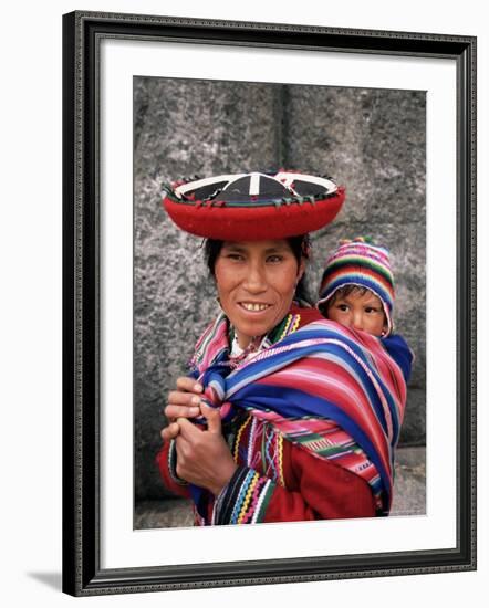 Portrait of a Local Woman in Traditional Dress, Carrying Her Baby on Her Back, Near Cuzco, Peru-Gavin Hellier-Framed Photographic Print