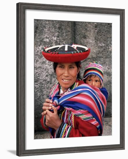 Portrait of a Local Woman in Traditional Dress, Carrying Her Baby on Her Back, Near Cuzco, Peru-Gavin Hellier-Framed Photographic Print