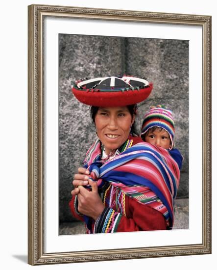 Portrait of a Local Woman in Traditional Dress, Carrying Her Baby on Her Back, Near Cuzco, Peru-Gavin Hellier-Framed Photographic Print