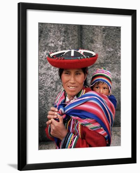 Portrait of a Local Woman in Traditional Dress, Carrying Her Baby on Her Back, Near Cuzco, Peru-Gavin Hellier-Framed Photographic Print