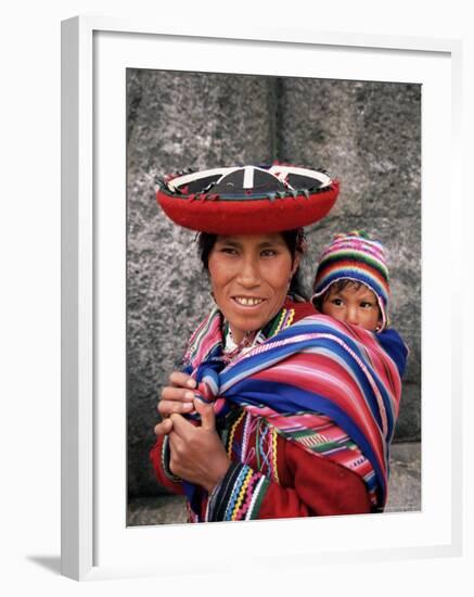 Portrait of a Local Woman in Traditional Dress, Carrying Her Baby on Her Back, Near Cuzco, Peru-Gavin Hellier-Framed Photographic Print