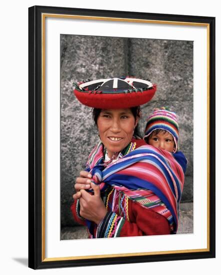 Portrait of a Local Woman in Traditional Dress, Carrying Her Baby on Her Back, Near Cuzco, Peru-Gavin Hellier-Framed Photographic Print