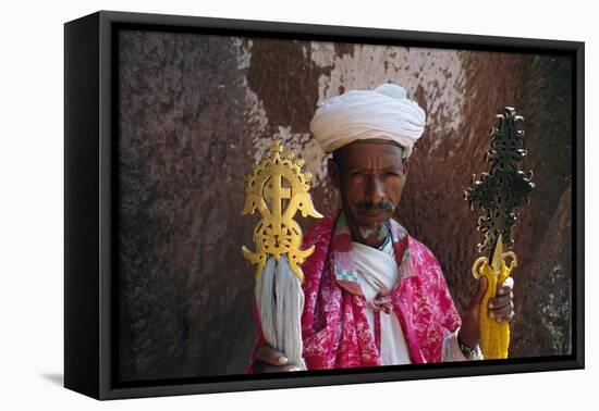 Portrait of a Man Holding Christian Symbols, Bieta Mercurios, Wollo Region, Ethiopia-Bruno Barbier-Framed Premier Image Canvas