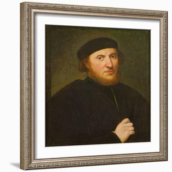 Portrait of a Man in a Black Toque (Oil on Canvas)-Paris Bordone-Framed Giclee Print