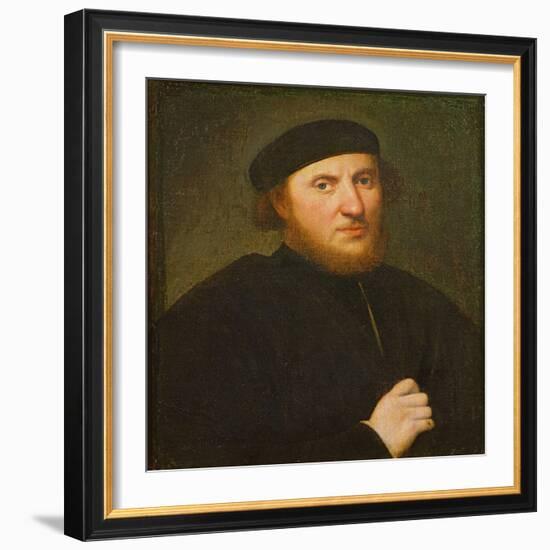 Portrait of a Man in a Black Toque (Oil on Canvas)-Paris Bordone-Framed Giclee Print