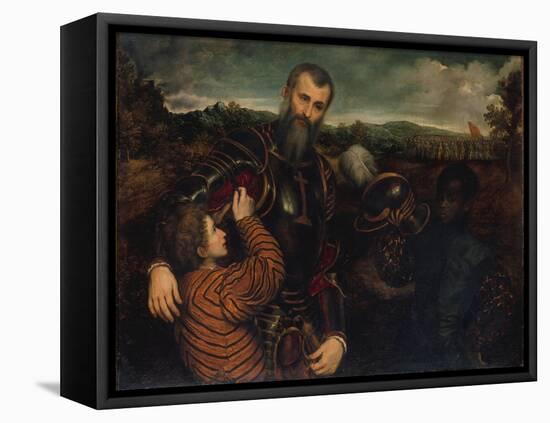 Portrait of a Man in Armor with Two Pages-Paris Bordone-Framed Premier Image Canvas