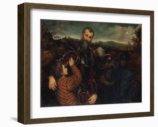 Portrait of a Man in Armor with Two Pages-Paris Bordone-Framed Giclee Print