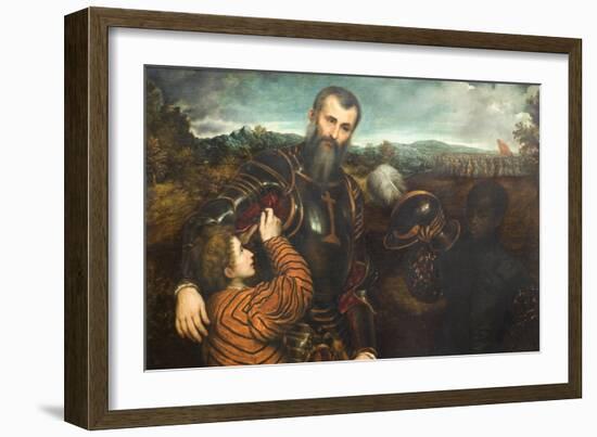 Portrait of a Man in Armor with Two Pages-Paris Bordone-Framed Art Print