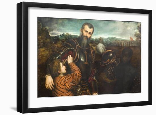 Portrait of a Man in Armor with Two Pages-Paris Bordone-Framed Art Print