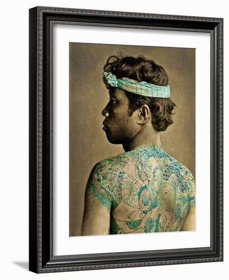 Portrait of a Man with Traditional Japanese Irezumi Tattoos, C.1880 (Hand Coloured Albumen Photo)-null-Framed Photographic Print