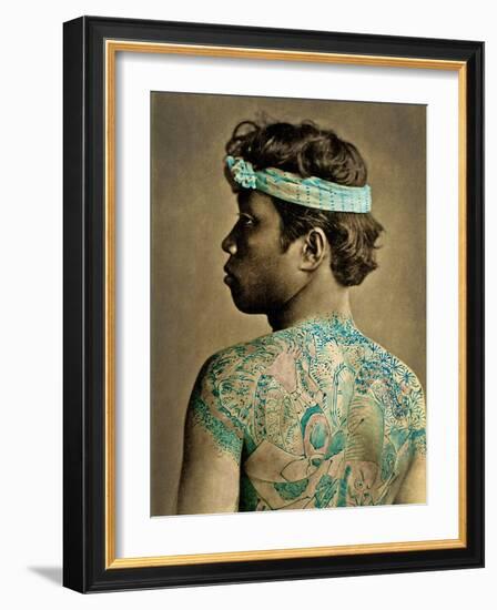 Portrait of a Man with Traditional Japanese Irezumi Tattoos, C.1880 (Hand Coloured Albumen Photo)-null-Framed Photographic Print