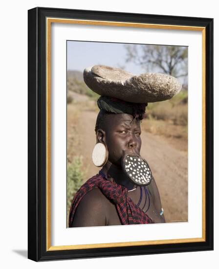 Portrait of a Mursi Woman with Clay Lip Plate, Lower Omo Valley, Ethiopia-Gavin Hellier-Framed Photographic Print