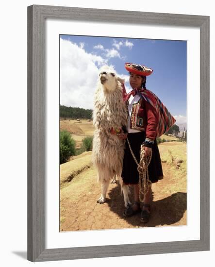 Portrait of a Peruvian Girl in Traditional Dress, with an Animal, Near Cuzco, Peru, South America-Gavin Hellier-Framed Photographic Print