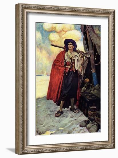 Portrait of a Pirate Armed with a Rifle. near Him the Treasor and the Tent Set up on the Island Des-Howard Pyle-Framed Giclee Print