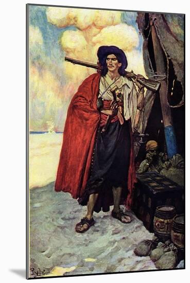 Portrait of a Pirate Armed with a Rifle. near Him the Treasor and the Tent Set up on the Island Des-Howard Pyle-Mounted Giclee Print