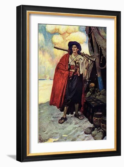 Portrait of a Pirate Armed with a Rifle. near Him the Treasor and the Tent Set up on the Island Des-Howard Pyle-Framed Giclee Print