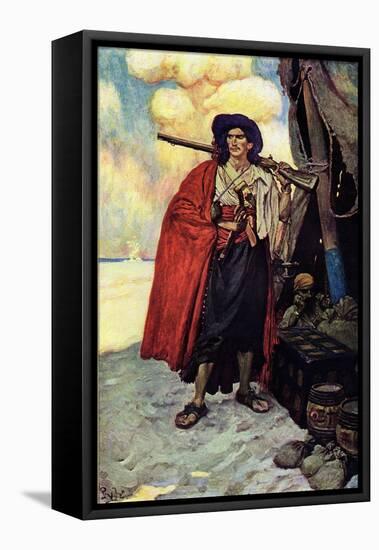 Portrait of a Pirate Armed with a Rifle. near Him the Treasor and the Tent Set up on the Island Des-Howard Pyle-Framed Premier Image Canvas