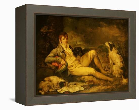 Portrait of a Sportsman, Traditionally Identified as Colonel Thornton, with His Two Spaniels-George Morland-Framed Premier Image Canvas