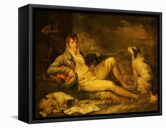 Portrait of a Sportsman, Traditionally Identified as Colonel Thornton, with His Two Spaniels-George Morland-Framed Premier Image Canvas