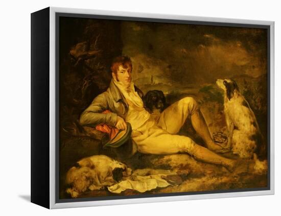 Portrait of a Sportsman, Traditionally Identified as Colonel Thornton, with His Two Spaniels-George Morland-Framed Premier Image Canvas