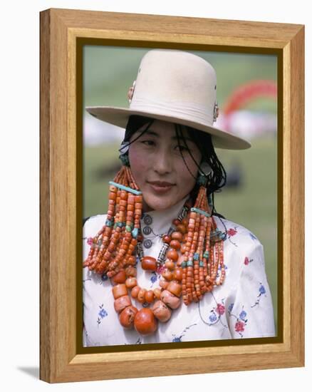 Portrait of a Tibetan Woman Wearing Jewellery Near Maqen, Qinghai Province, China-Occidor Ltd-Framed Premier Image Canvas