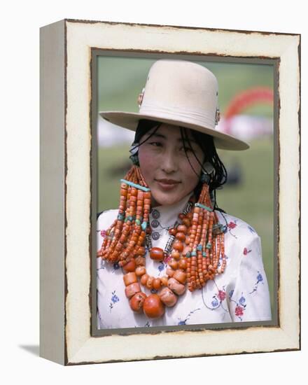 Portrait of a Tibetan Woman Wearing Jewellery Near Maqen, Qinghai Province, China-Occidor Ltd-Framed Premier Image Canvas