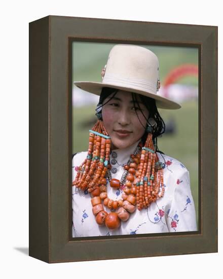 Portrait of a Tibetan Woman Wearing Jewellery Near Maqen, Qinghai Province, China-Occidor Ltd-Framed Premier Image Canvas