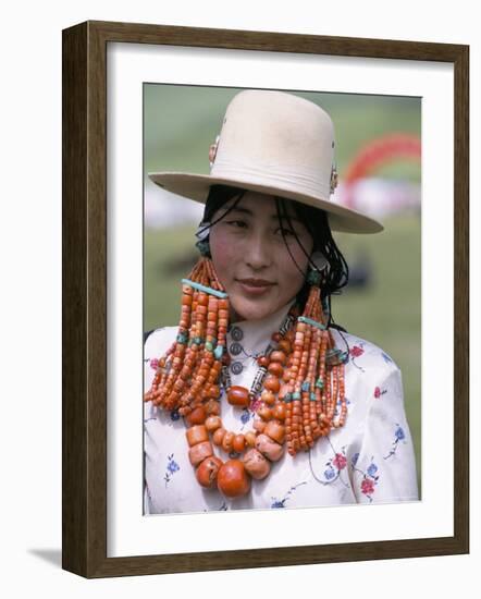 Portrait of a Tibetan Woman Wearing Jewellery Near Maqen, Qinghai Province, China-Occidor Ltd-Framed Photographic Print