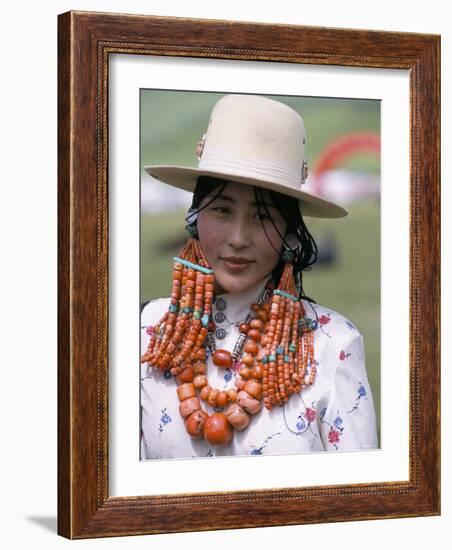 Portrait of a Tibetan Woman Wearing Jewellery Near Maqen, Qinghai Province, China-Occidor Ltd-Framed Photographic Print