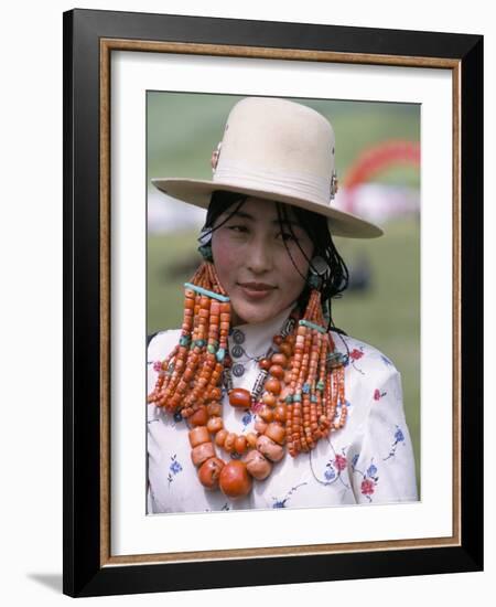 Portrait of a Tibetan Woman Wearing Jewellery Near Maqen, Qinghai Province, China-Occidor Ltd-Framed Photographic Print