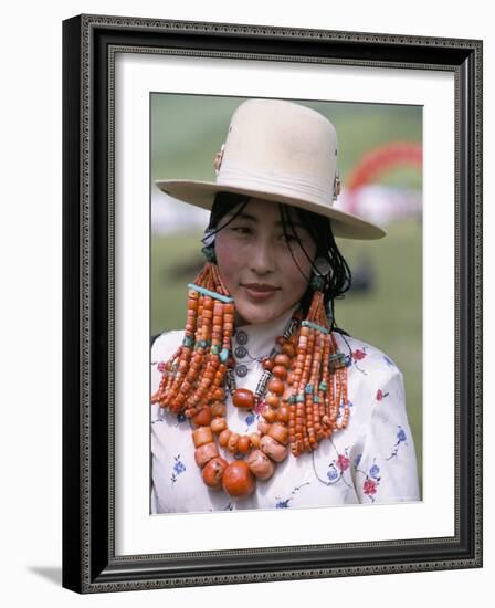 Portrait of a Tibetan Woman Wearing Jewellery Near Maqen, Qinghai Province, China-Occidor Ltd-Framed Photographic Print