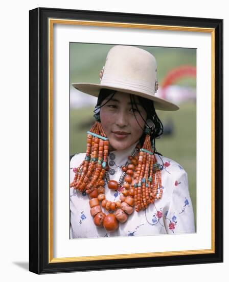 Portrait of a Tibetan Woman Wearing Jewellery Near Maqen, Qinghai Province, China-Occidor Ltd-Framed Photographic Print