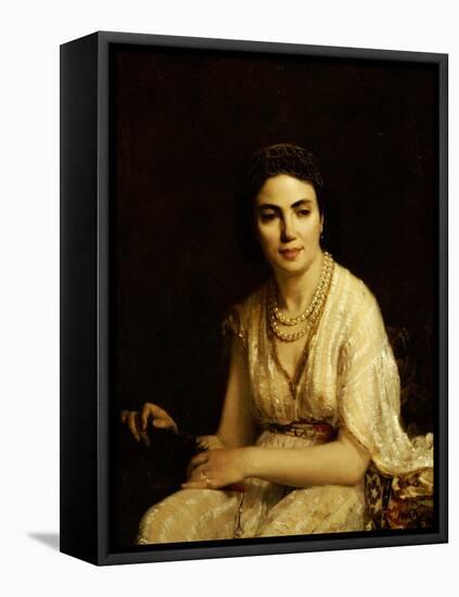 Portrait of a Woman Wearing a Pearl Necklace and Holding a Fan-Alexei Alexeivich Harlamoff-Framed Premier Image Canvas