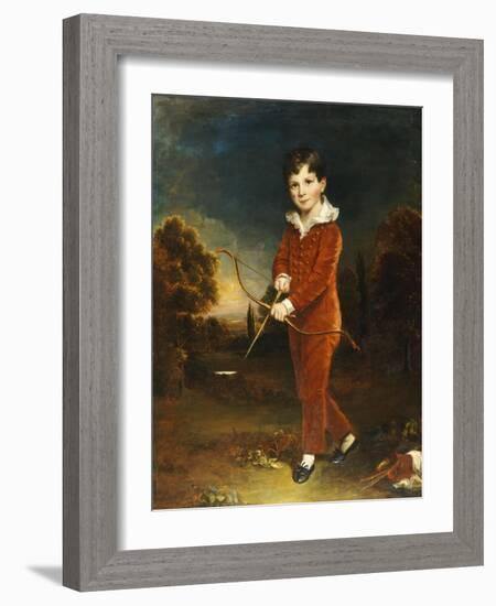 Portrait of a Young Boy in a Red Suit, Holding a Bow and Arrow-Arthur William Devis-Framed Giclee Print