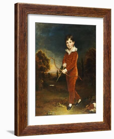 Portrait of a Young Boy in a Red Suit, Holding a Bow and Arrow-Arthur William Devis-Framed Giclee Print